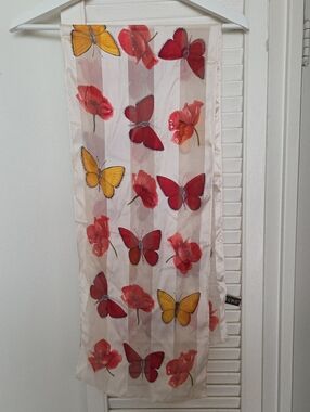 Silk 100% Echo Sheer Butterfly & Poppy Scarf in Yellow, Red and Cream